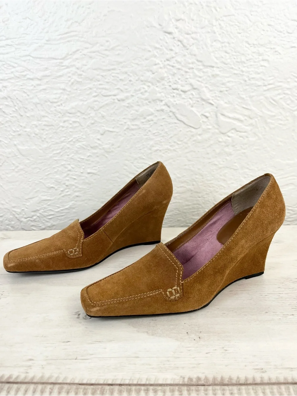 Vintage 90s Y2K Suede Wedge Loafers Tan Preppy 6.5